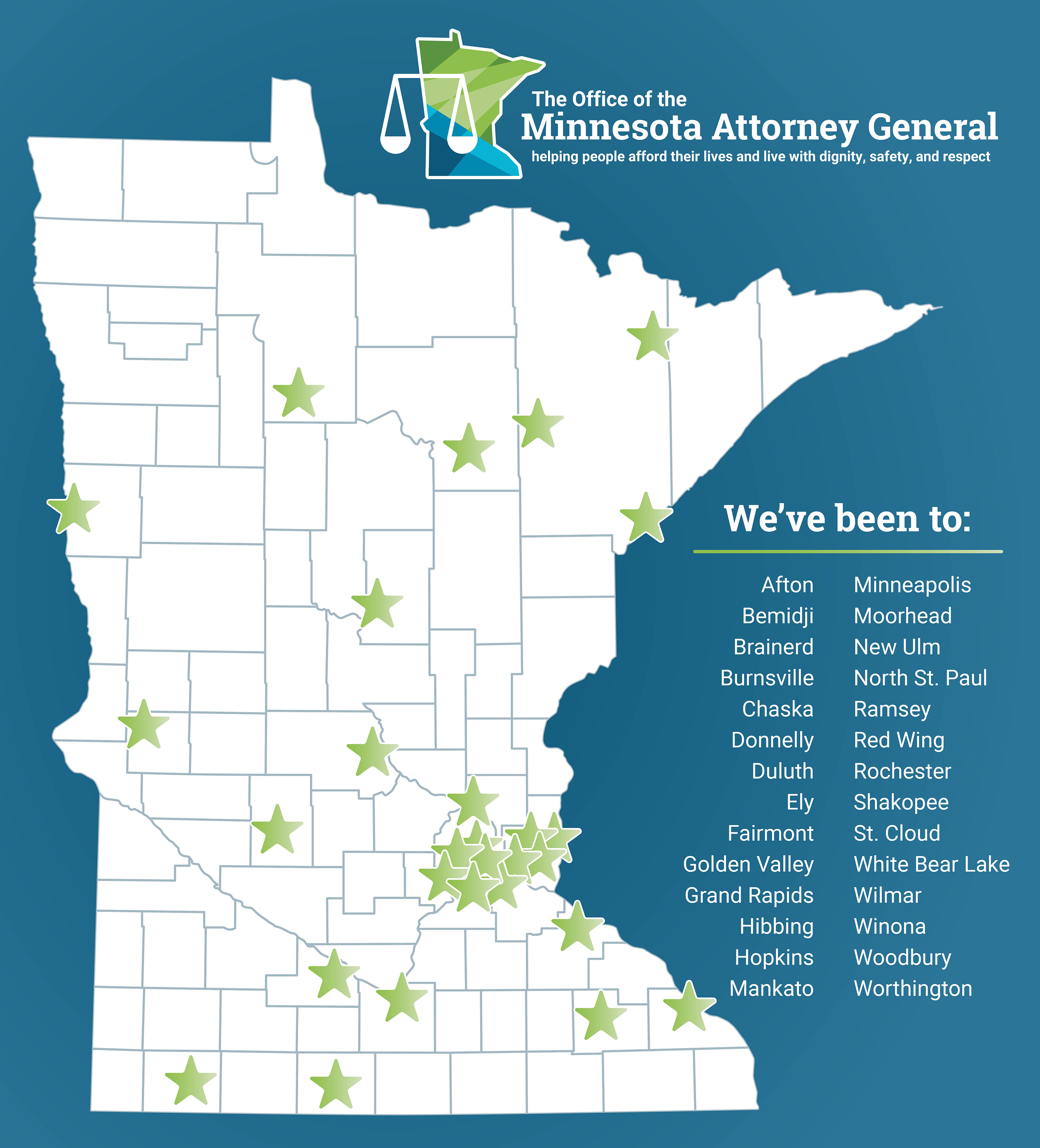 Map of Minnesota with markers showing each location where an outreach event has taken place