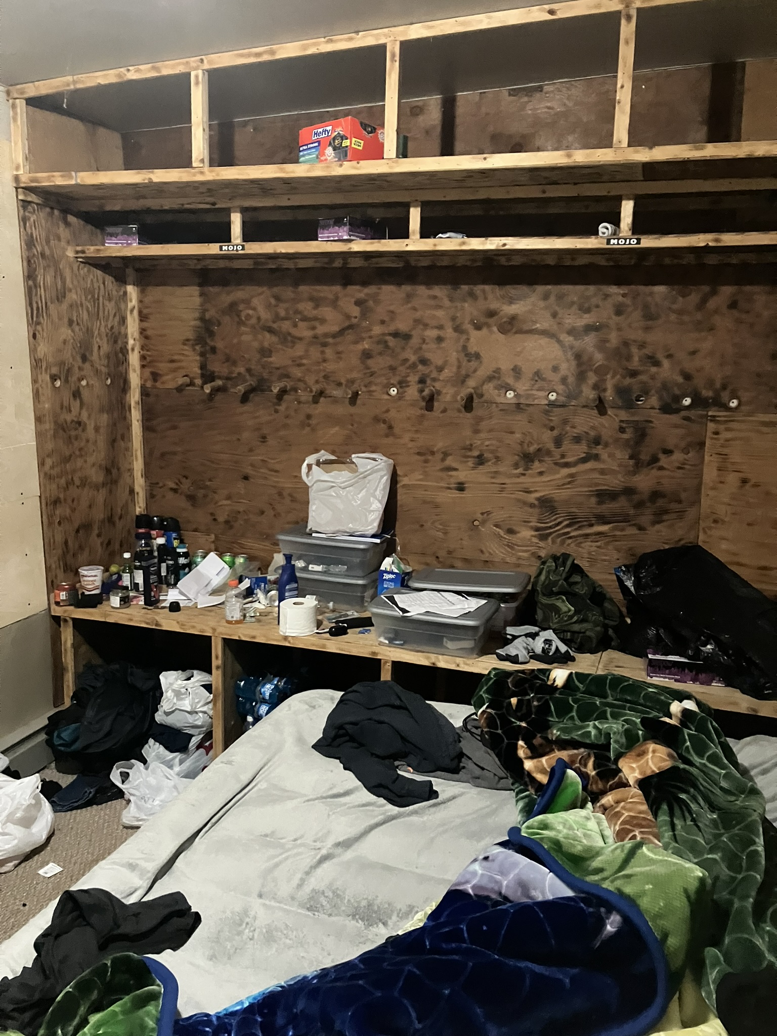 photo of a bedroom with exposed plywood walls