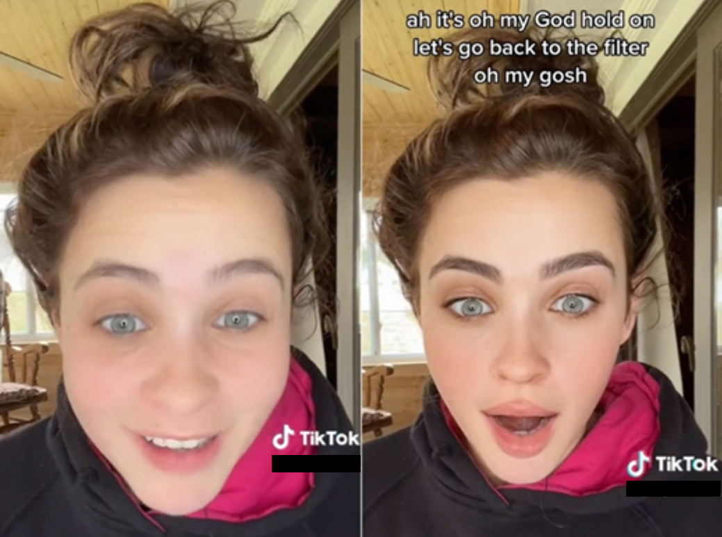 Image showing a woman's face before and after applying the Bold Glamor TikTok filter